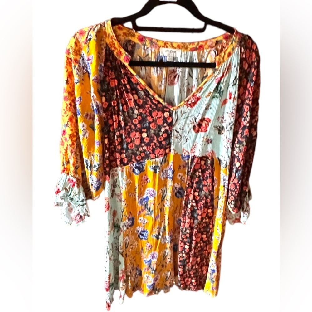 Umgee large gypsy floral‎ patchwork babydoll style dress.3/4 sleeve gauzy EUC.